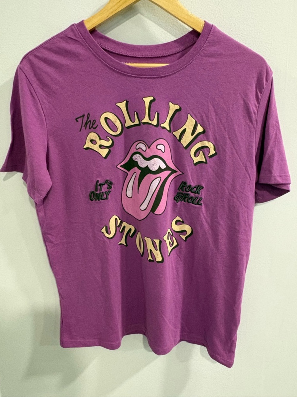 Purple Rolling Stones Graphic Tee with Pink & Yellow Logo Black Embroidered